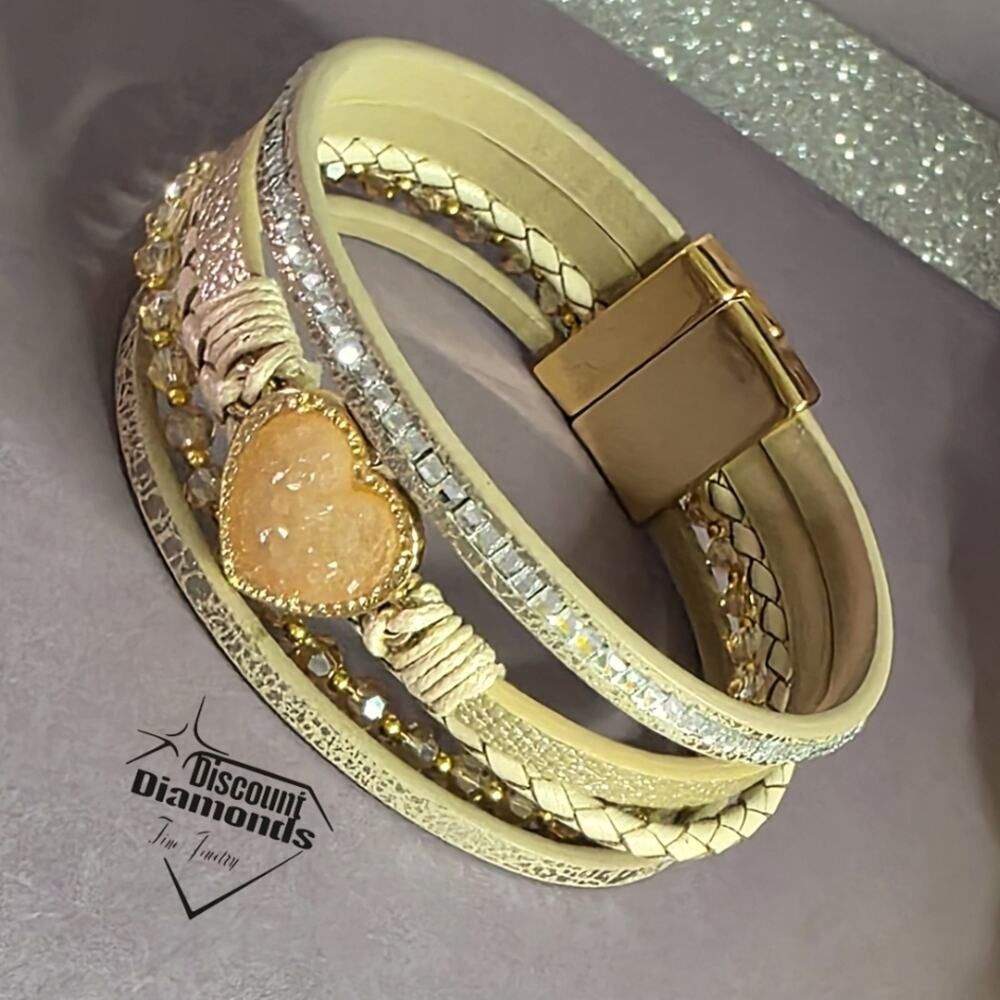 Elegant Gold and Beige Heart Cuff Bracelet - Picture 4 of 8